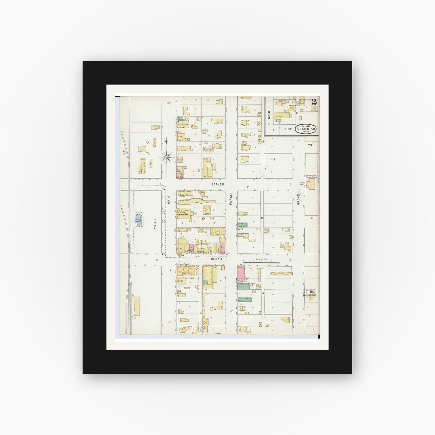 Old map wall art mockup — black gallery frame with white mat — Sanborn Fire Insurance Map from Standish, Arenac County, Michigan (1895), Sheet #0002