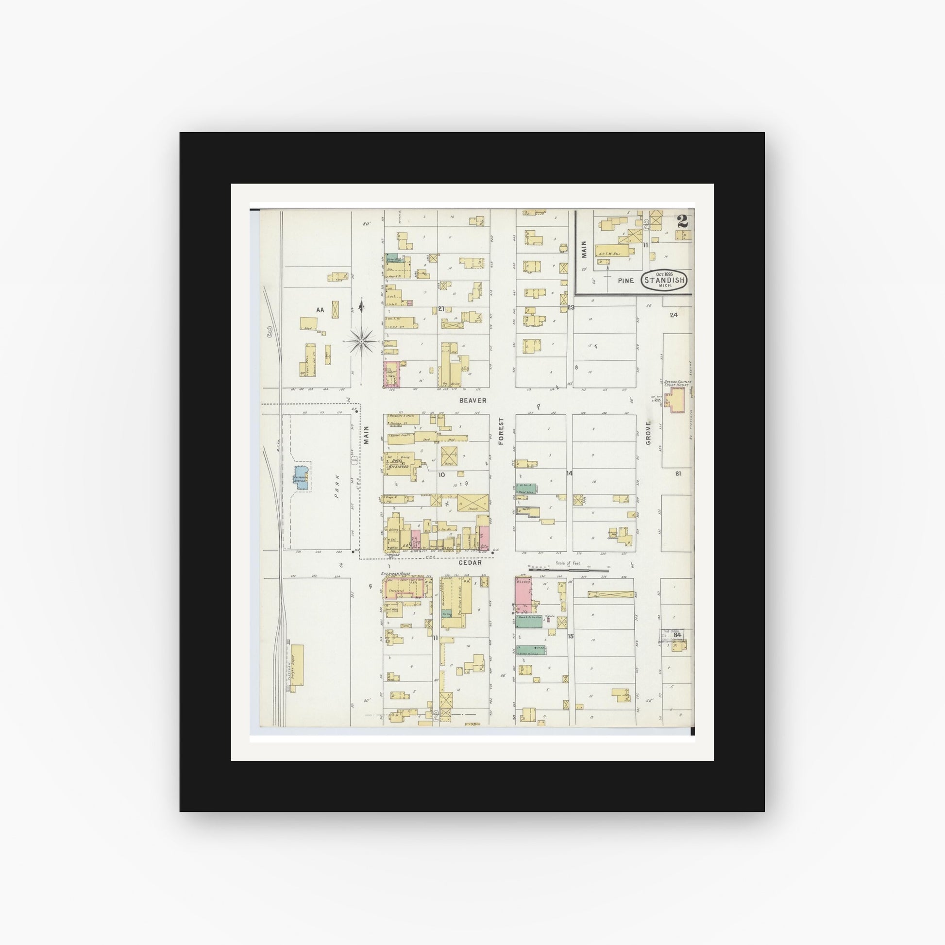 Old map wall art mockup — black gallery frame with white mat — Sanborn Fire Insurance Map from Standish, Arenac County, Michigan (1895), Sheet #0002