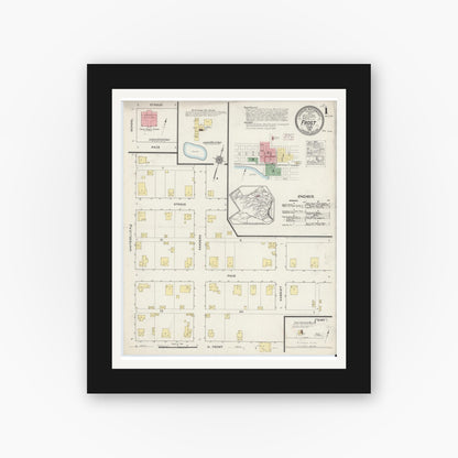 Old map wall art mockup — black gallery frame with white mat — Sanborn Fire Insurance Map from Frost, Navarro County, Texas (1915) - Complete Map Set