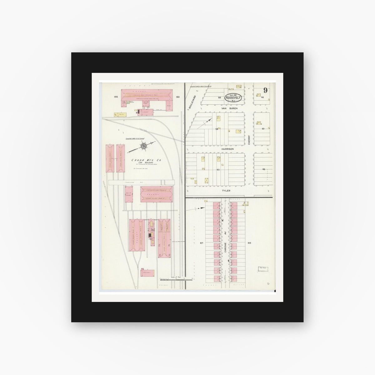 Old map wall art mockup — black gallery frame with white mat — Sanborn Fire Insurance Map from Roosevelt, Middlesex County, New Jersey (1912), Sheet #0009