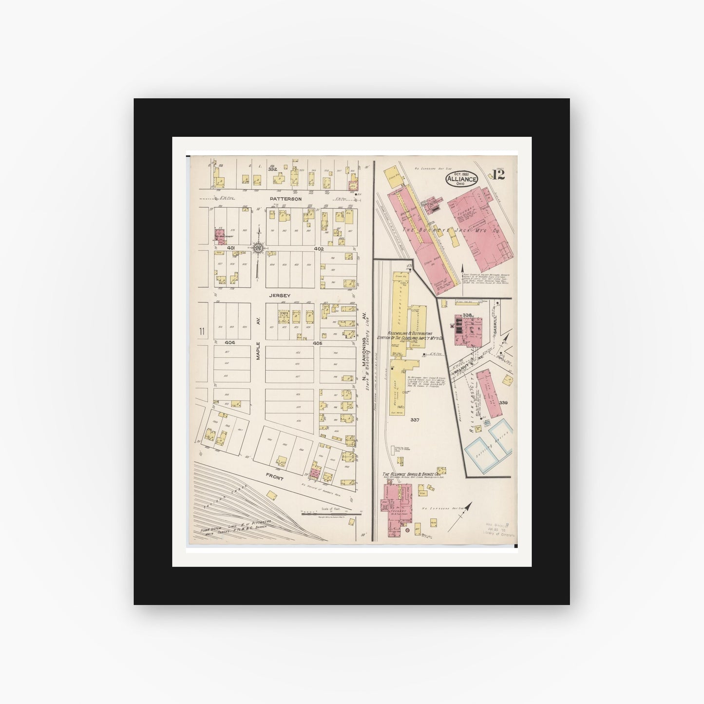 Old map wall art mockup — black gallery frame with white mat — Sanborn Fire Insurance Map from Alliance, Stark County, Ohio (1921), Sheet #0012