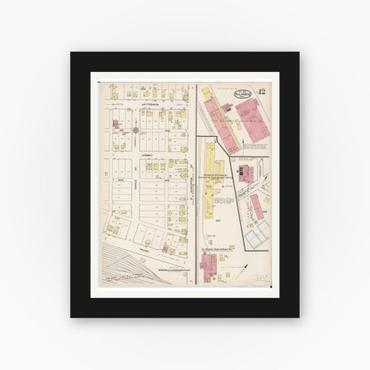 Old map wall art mockup — black gallery frame with white mat — Sanborn Fire Insurance Map from Alliance, Stark County, Ohio (1921), Sheet #0012
