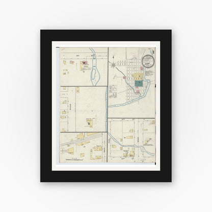 Old map wall art mockup — black gallery frame with white mat — Sanborn Fire Insurance Map from Evart, Osceola County, Michigan (1893), Sheet #0001