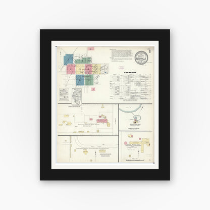 Old map wall art mockup — black gallery frame with white mat — Sanborn Fire Insurance Map from Rushville, Schuyler County, Illinois (1913), Sheet #0001