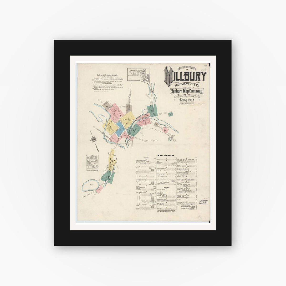 Old map wall art mockup — black gallery frame with white mat — Sanborn Fire Insurance Map from Millbury, Worcester County, Massachusetts (1913) - Complete Map Set