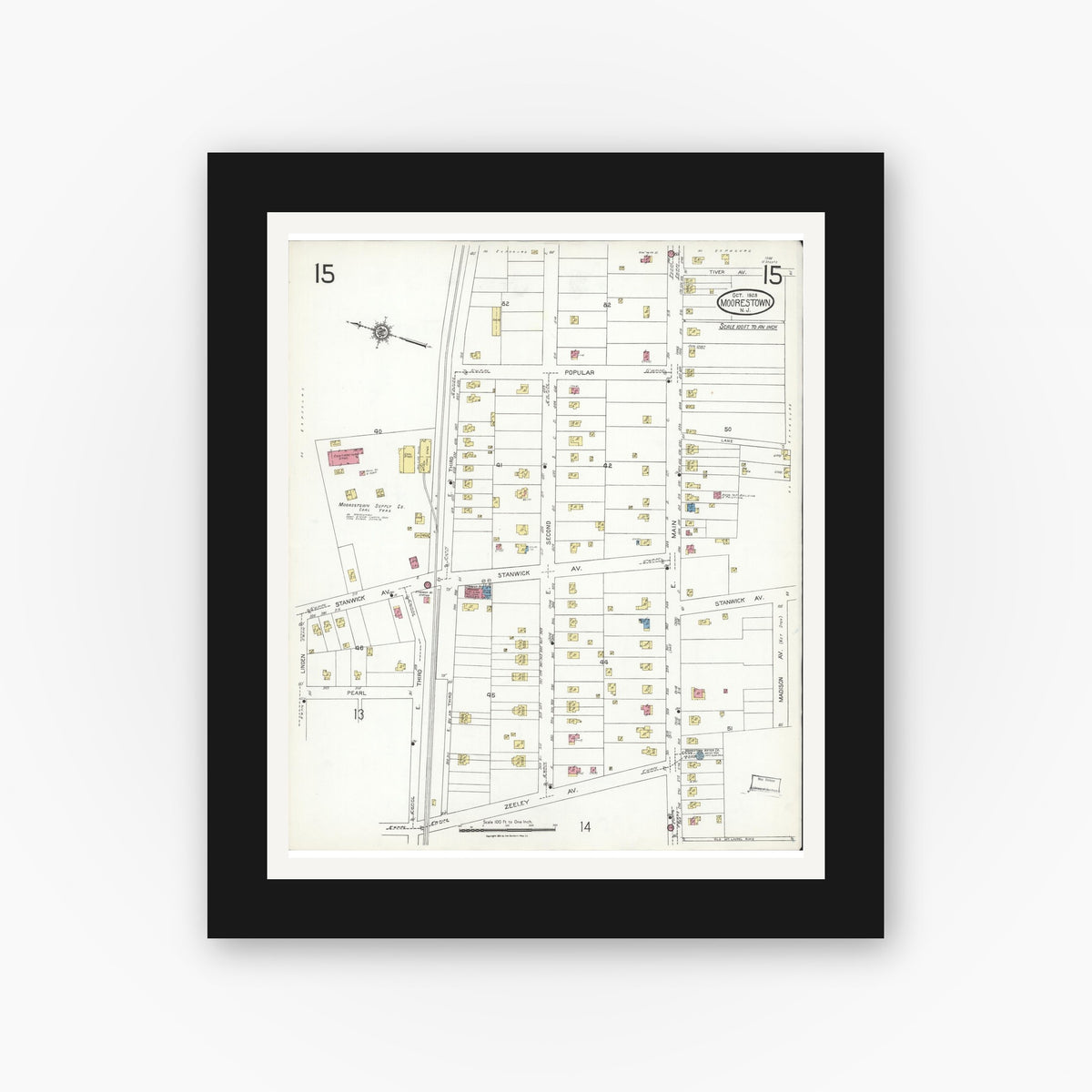Old map wall art mockup — black gallery frame with white mat — Sanborn Fire Insurance Map from Moorestown, Burlington County, New Jersey (1923), Sheet #0015