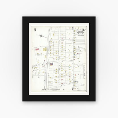 Old map wall art mockup — black gallery frame with white mat — Sanborn Fire Insurance Map from Moorestown, Burlington County, New Jersey (1923), Sheet #0015