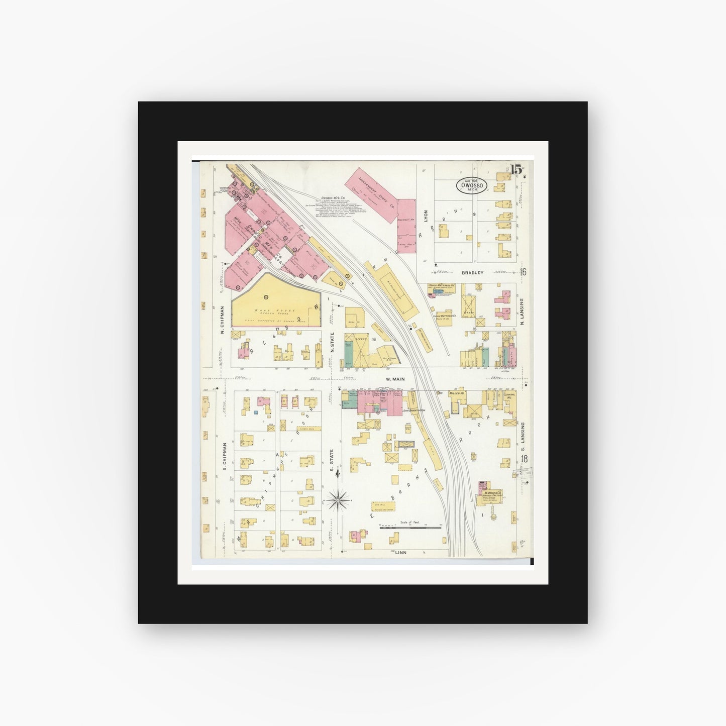 Old map wall art mockup — black gallery frame with white mat — Sanborn Fire Insurance Map from Owosso, Shiawassee County, Michigan (1908), Sheet #0015