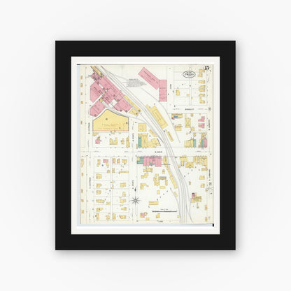 Old map wall art mockup — black gallery frame with white mat — Sanborn Fire Insurance Map from Owosso, Shiawassee County, Michigan (1908), Sheet #0015