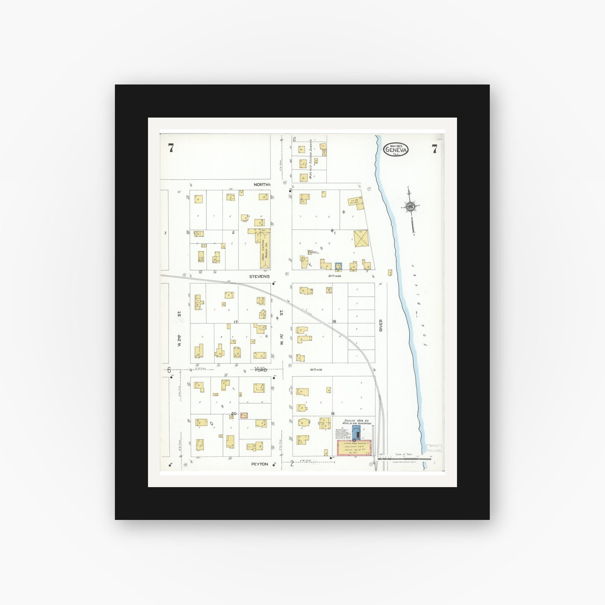 Old map wall art mockup — black gallery frame with white mat — Sanborn Fire Insurance Map from Geneva, Kane County, Illinois (1923), Sheet #0007