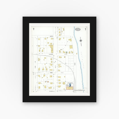 Old map wall art mockup — black gallery frame with white mat — Sanborn Fire Insurance Map from Geneva, Kane County, Illinois (1923), Sheet #0007