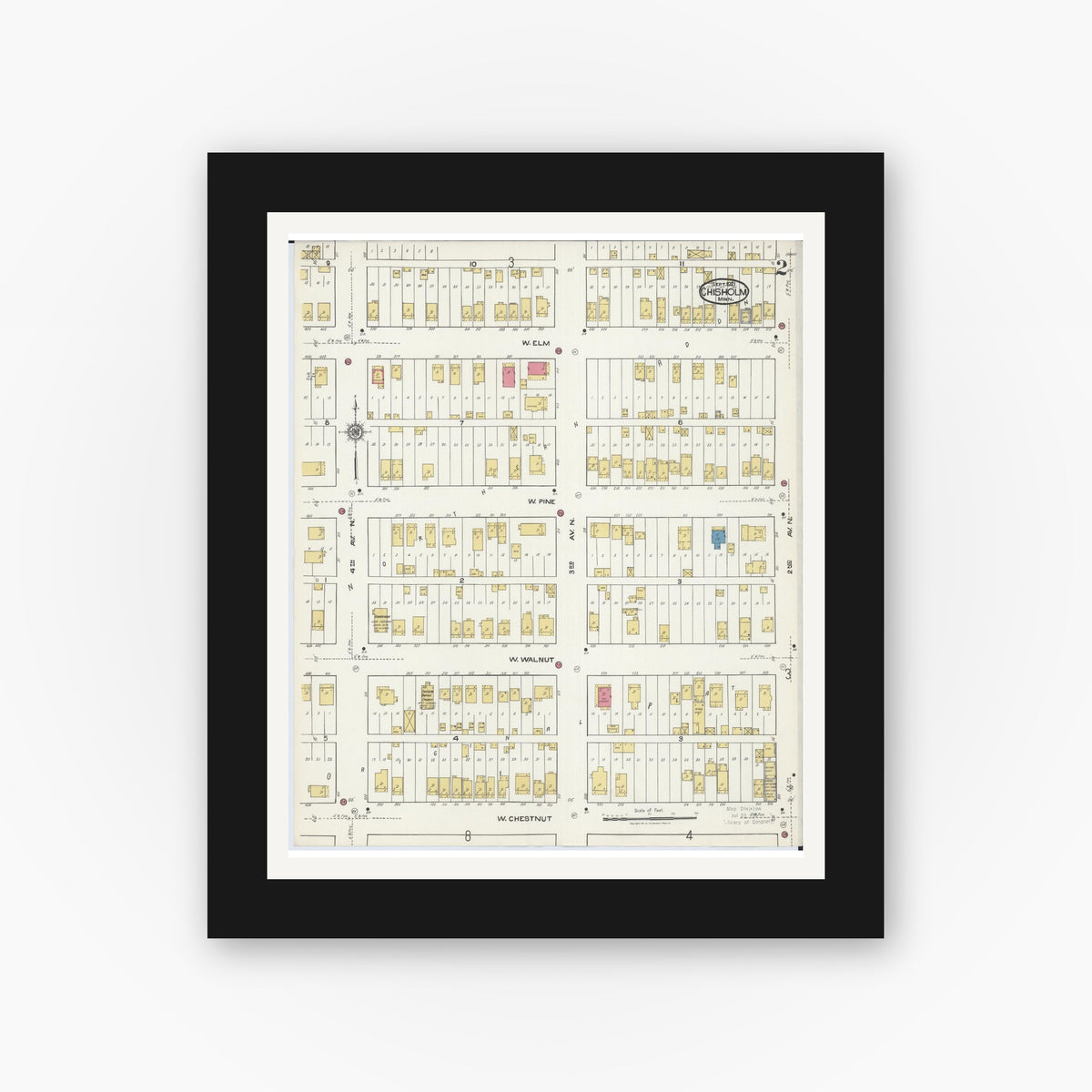 Old map wall art mockup — black gallery frame with white mat — Sanborn Fire Insurance Map from Chisholm, Saint Louis County, Minnesota (1921), Sheet #0002