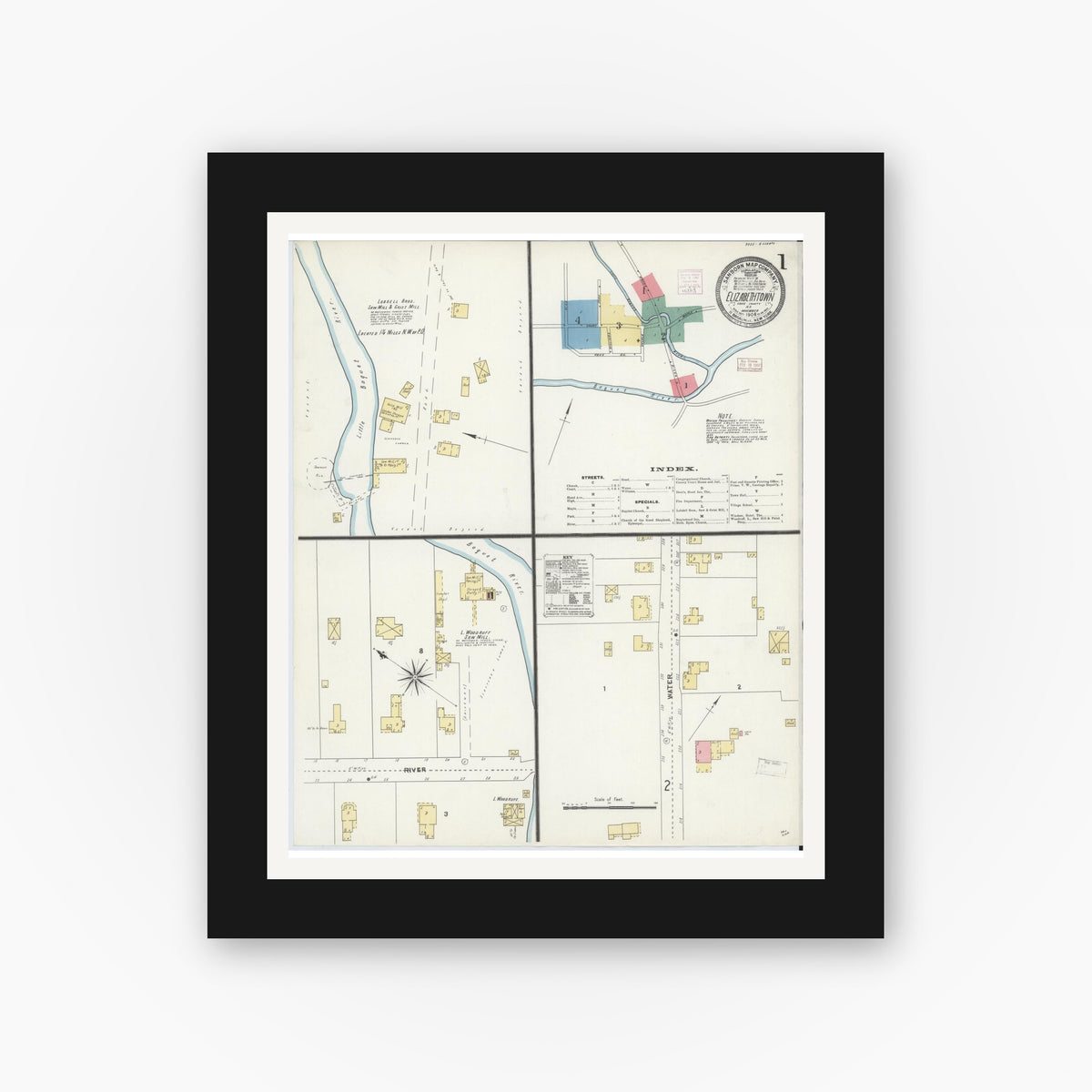 Old map wall art mockup — black gallery frame with white mat — Sanborn Fire Insurance Map from Elizabethtown, Essex County, New York (1906), Sheet #0001