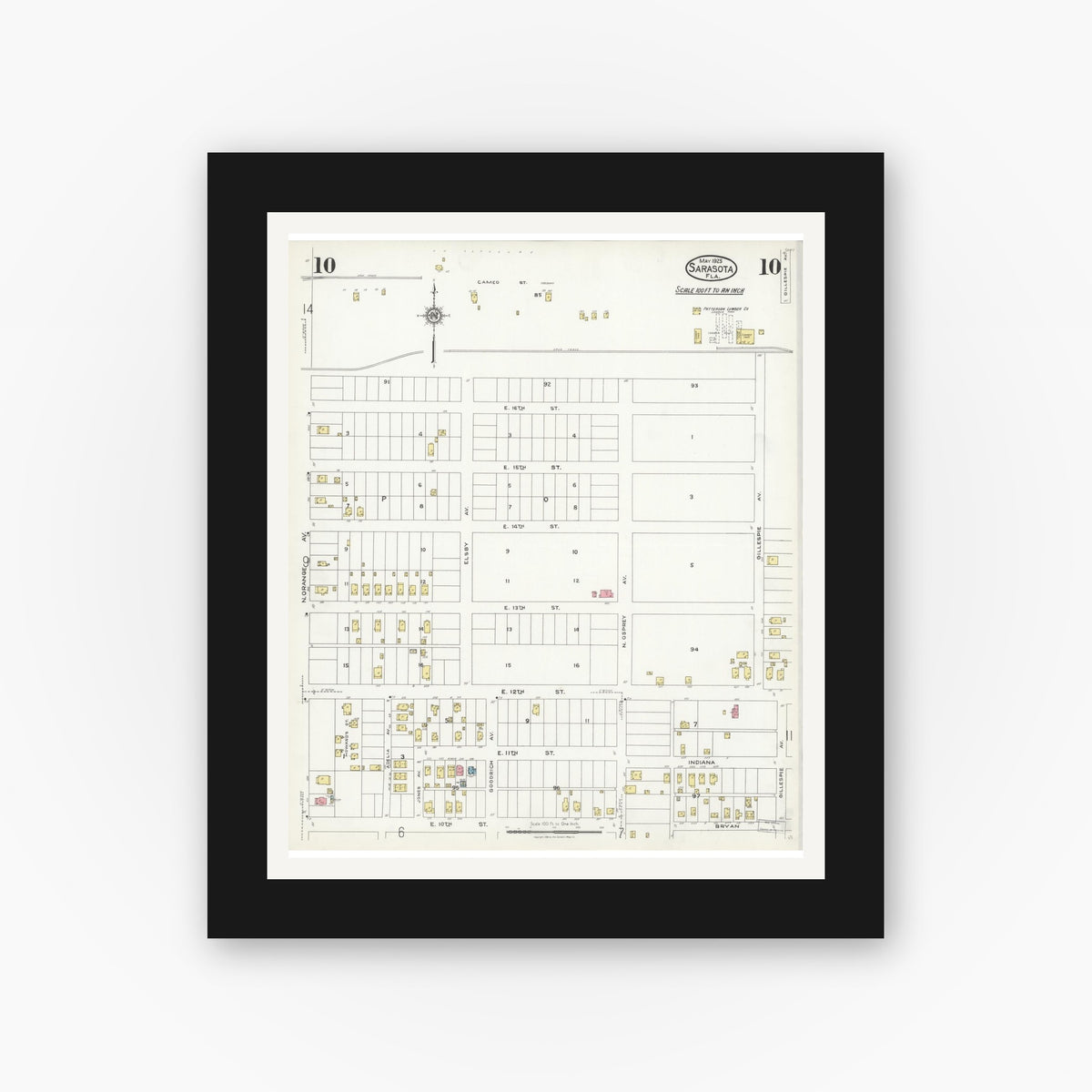 Old map wall art mockup — black gallery frame with white mat — Sanborn Fire Insurance Map from Sarasota, Sarasota County, Florida (1925), Sheet #0010
