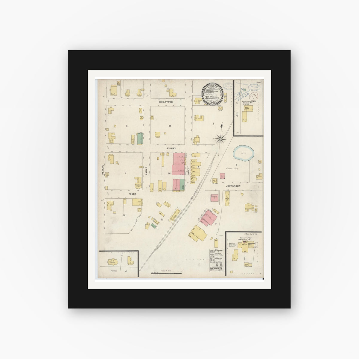 Old map wall art mockup — black gallery frame with white mat — Sanborn Fire Insurance Map from Daingerfield, Morris County, Texas (1898), Sheet #0001
