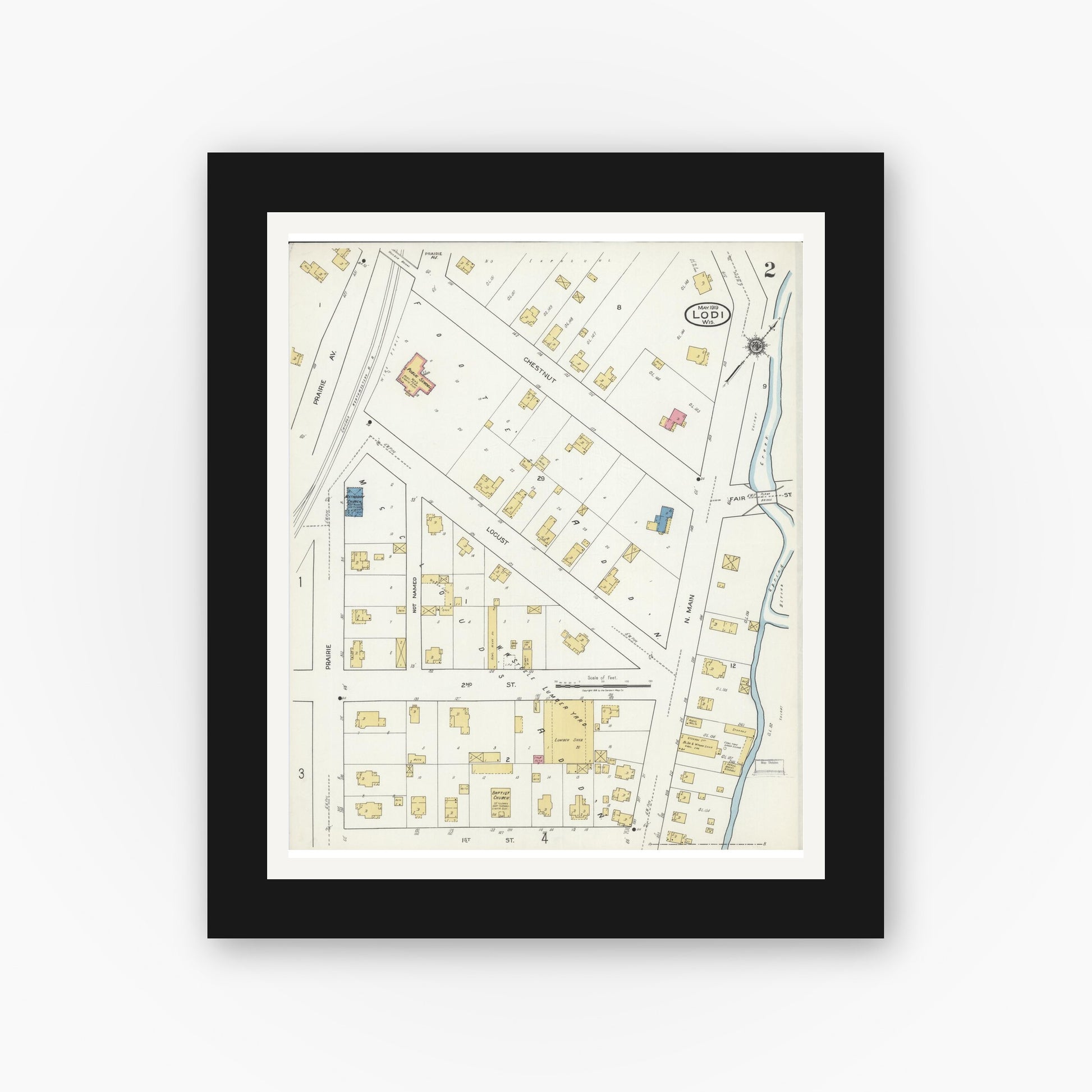 Old map wall art mockup — black gallery frame with white mat — Sanborn Fire Insurance Map from Lodi, Columbia County, Wisconsin (1919), Sheet #0002