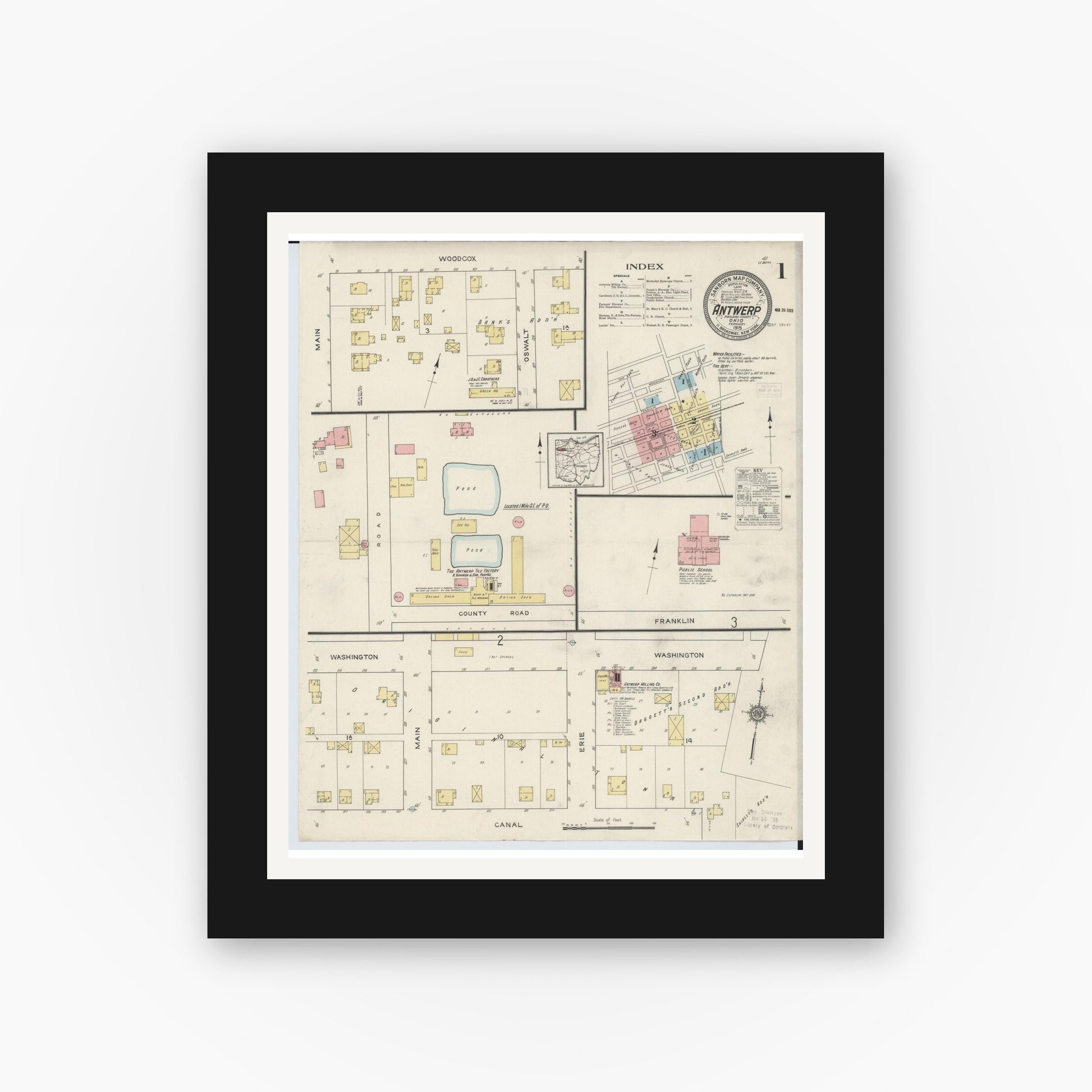 Old map wall art mockup — black gallery frame with white mat — Sanborn Fire Insurance Map from Antwerp, Paulding County, Ohio (1915), Sheet #0001