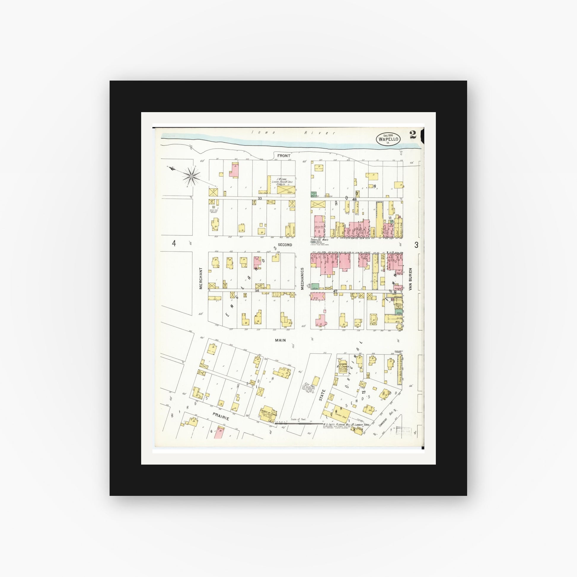 Old map wall art mockup — black gallery frame with white mat — Sanborn Fire Insurance Map from Wapello, Louisa County, Iowa (1899), Sheet #0002