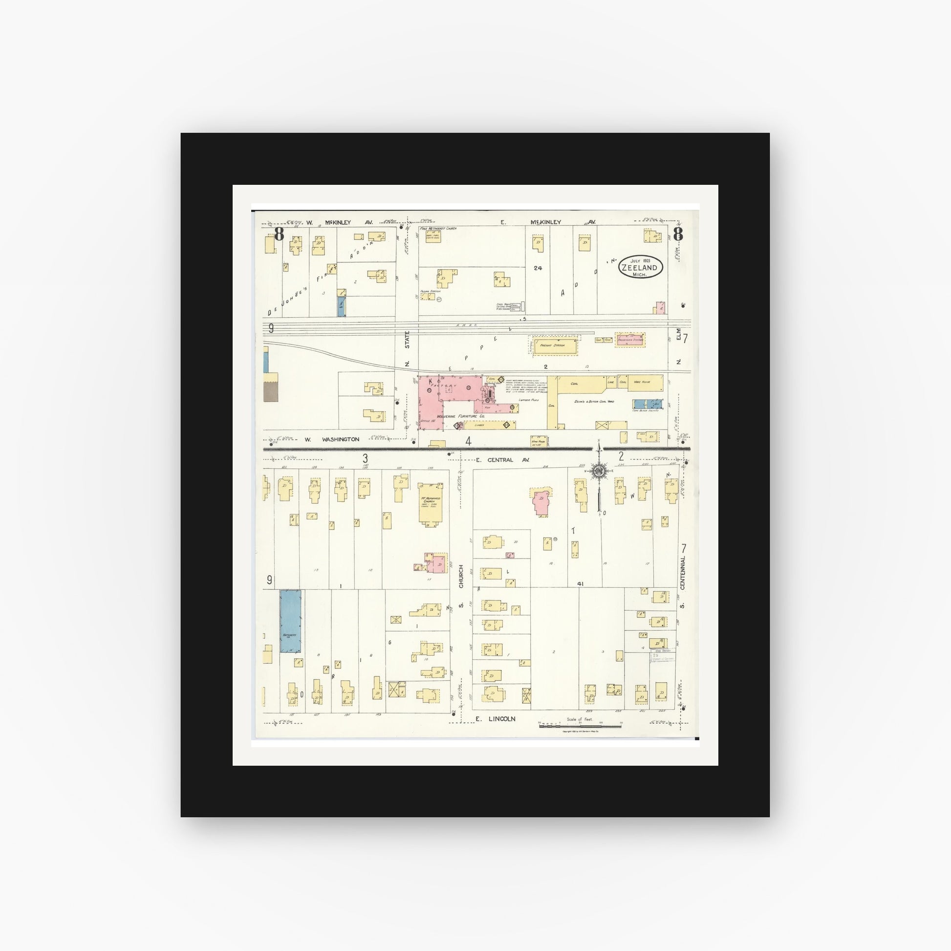 Old map wall art mockup — black gallery frame with white mat — Sanborn Fire Insurance Map from Zeeland, Ottawa County, Michigan (1923), Sheet #0008