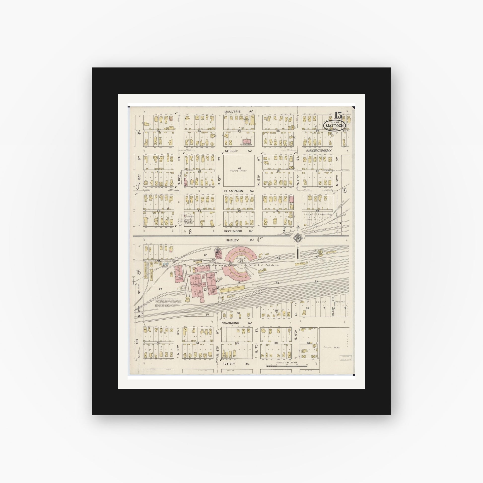 Old map wall art mockup — black gallery frame with white mat — Sanborn Fire Insurance Map from Mattoon, Coles County, Illinois (1915), Sheet #0015