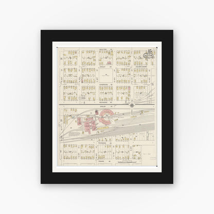 Old map wall art mockup — black gallery frame with white mat — Sanborn Fire Insurance Map from Mattoon, Coles County, Illinois (1915), Sheet #0015