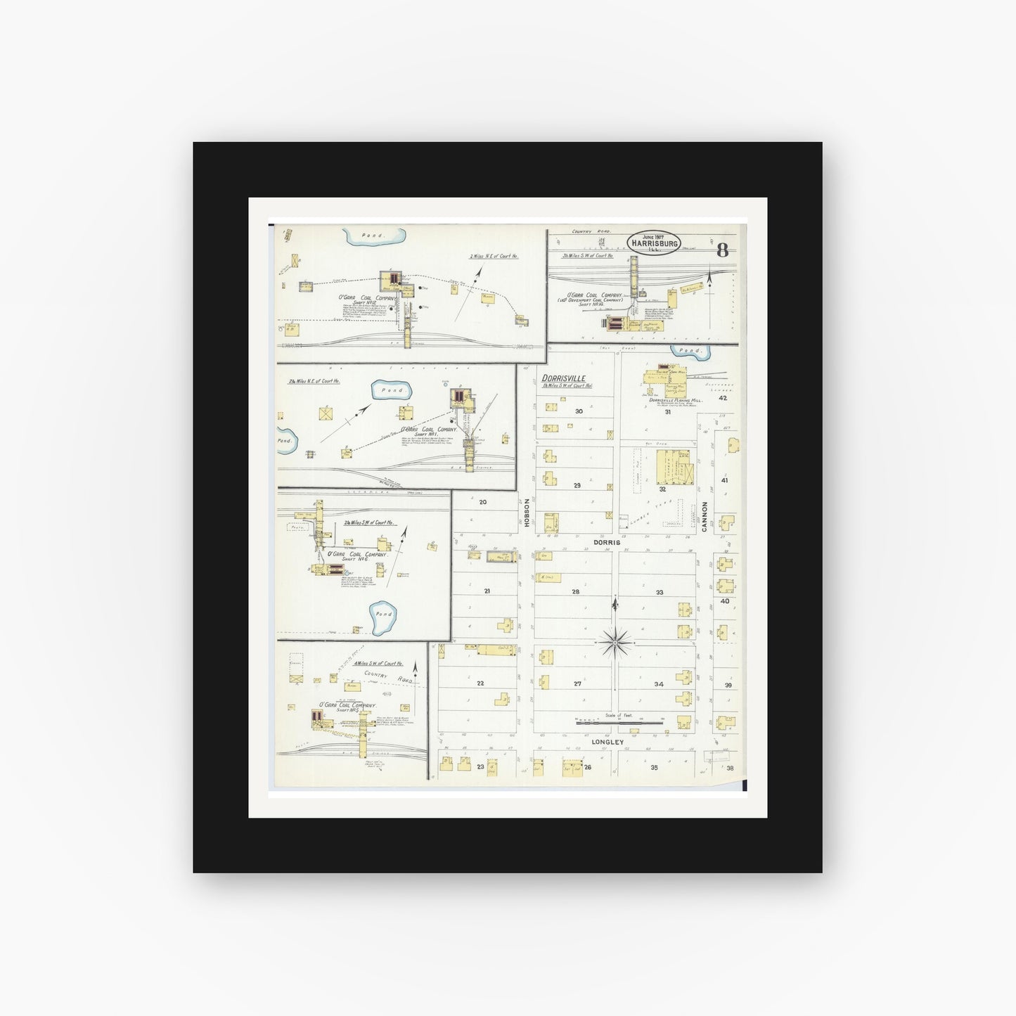 Old map wall art mockup — black gallery frame with white mat — Sanborn Fire Insurance Map from Harrisburg, Saline County, Illinois (1907), Sheet #0008
