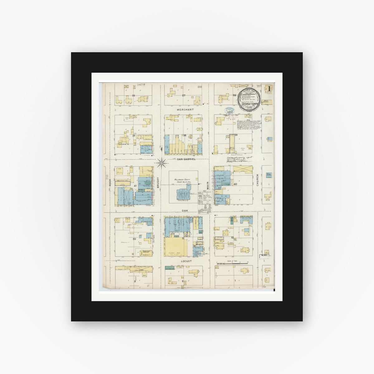 Old map wall art mockup — black gallery frame with white mat — Sanborn Fire Insurance Map from Georgetown, Williamson County, Texas (1894) - Complete Map Set