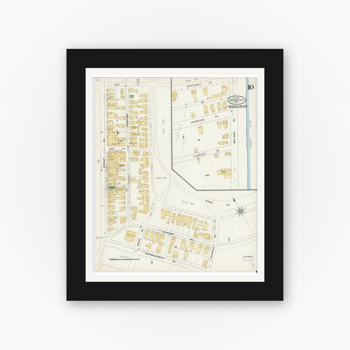Old map wall art mockup — black gallery frame with white mat — Sanborn Fire Insurance Map from Cottage City, Dukes County, Massachusetts (1904), Sheet #0010