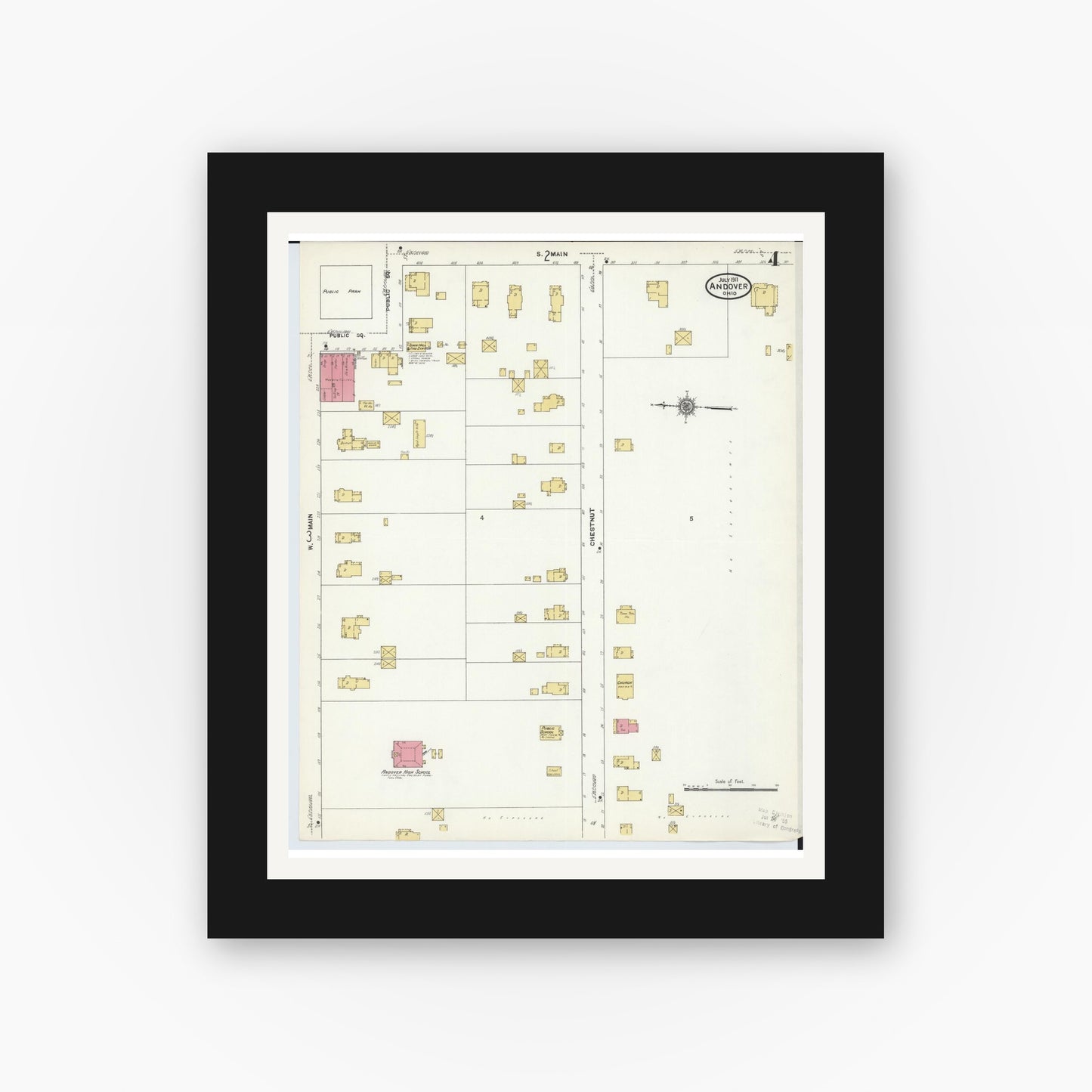 Old map wall art mockup — black gallery frame with white mat — Sanborn Fire Insurance Map from Andover, Ashtabula County, Ohio (1911), Sheet #0004