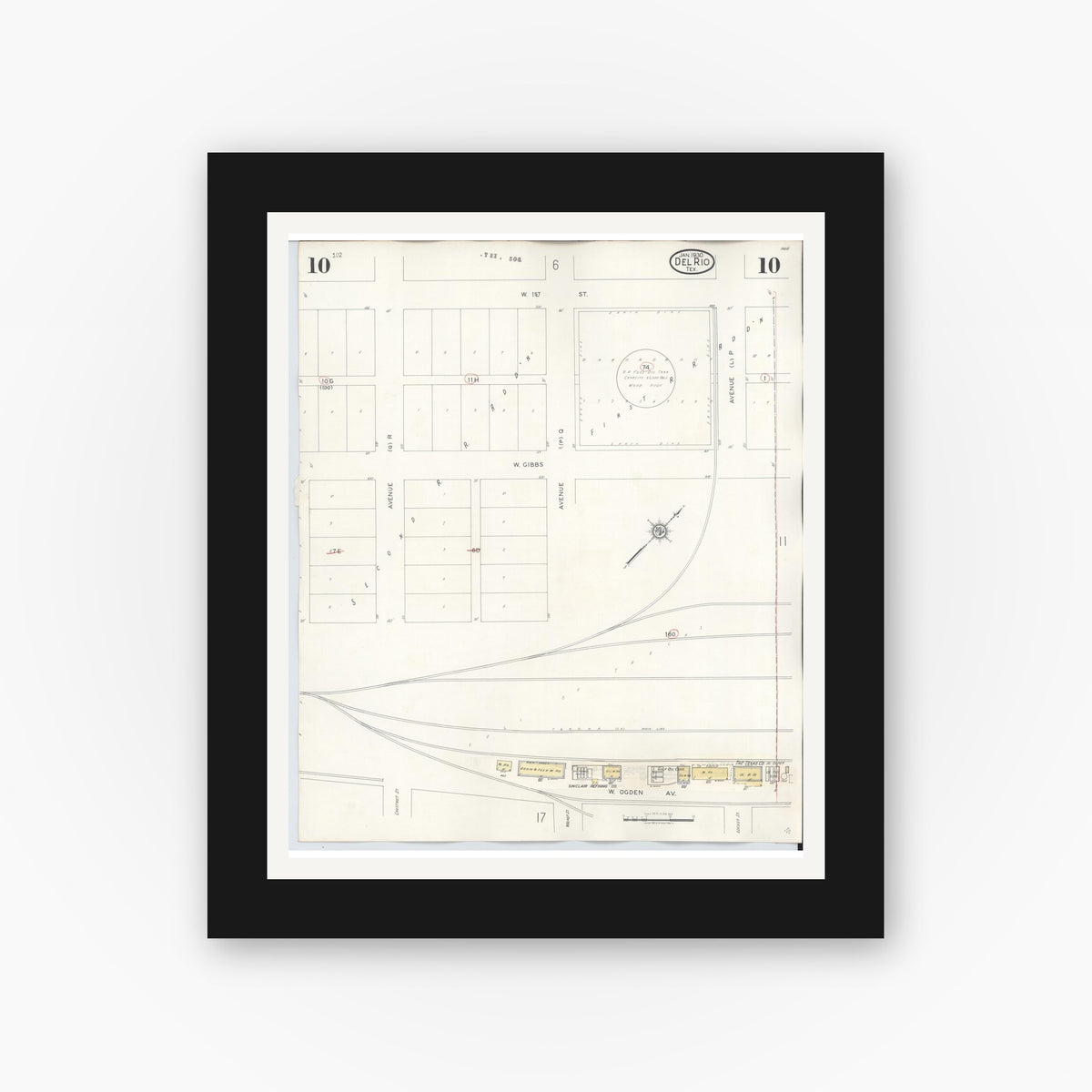 Old map wall art mockup — black gallery frame with white mat — Sanborn Fire Insurance Map from Del Rio, Val Verde County, Texas (1948), Sheet #0010
