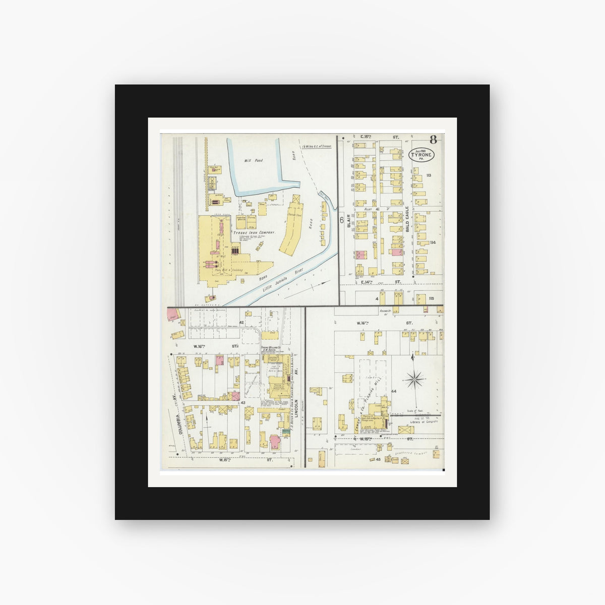 Old map wall art mockup — black gallery frame with white mat — Sanborn Fire Insurance Map from Tyrone, Blair County, Pennsylvania (1901), Sheet #0008