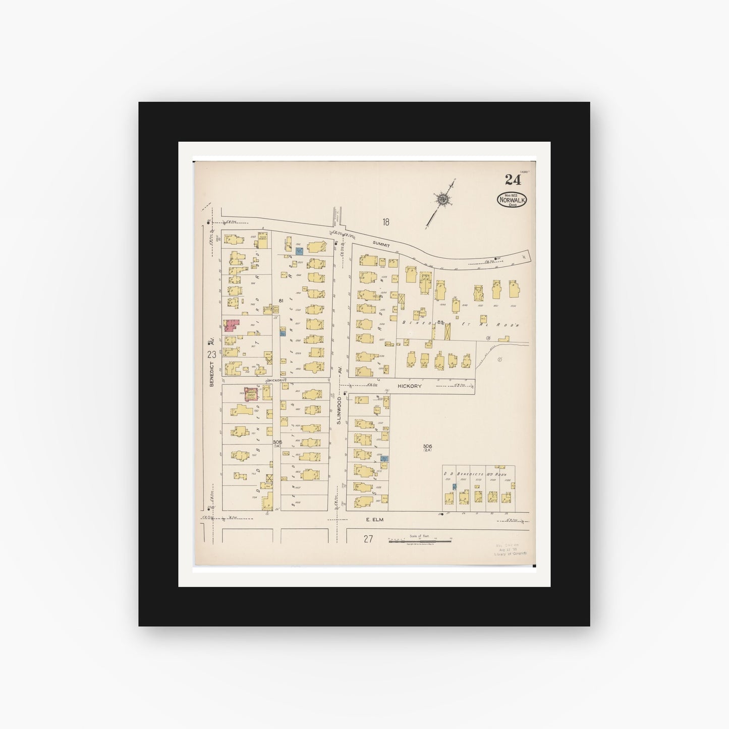 Old map wall art mockup — black gallery frame with white mat — Sanborn Fire Insurance Map from Norwalk, Huron County, Ohio (1922), Sheet #0024