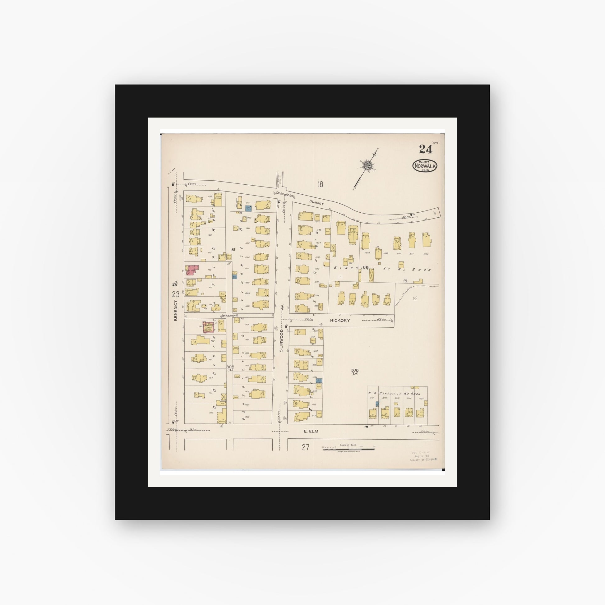 Old map wall art mockup — black gallery frame with white mat — Sanborn Fire Insurance Map from Norwalk, Huron County, Ohio (1922), Sheet #0024