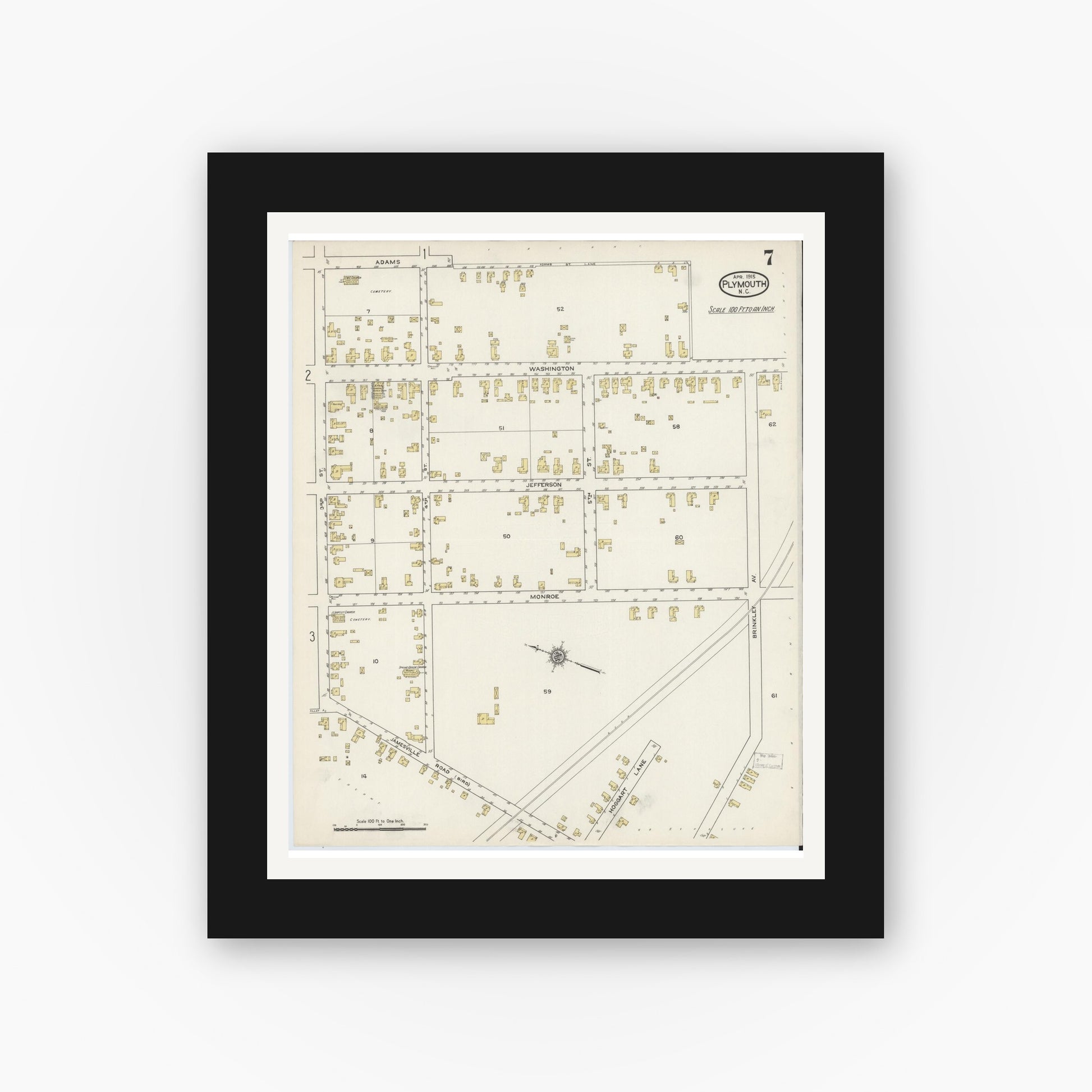 Old map wall art mockup — black gallery frame with white mat — Sanborn Fire Insurance Map from Plymouth, Washington County, North Carolina (1915), Sheet #0007