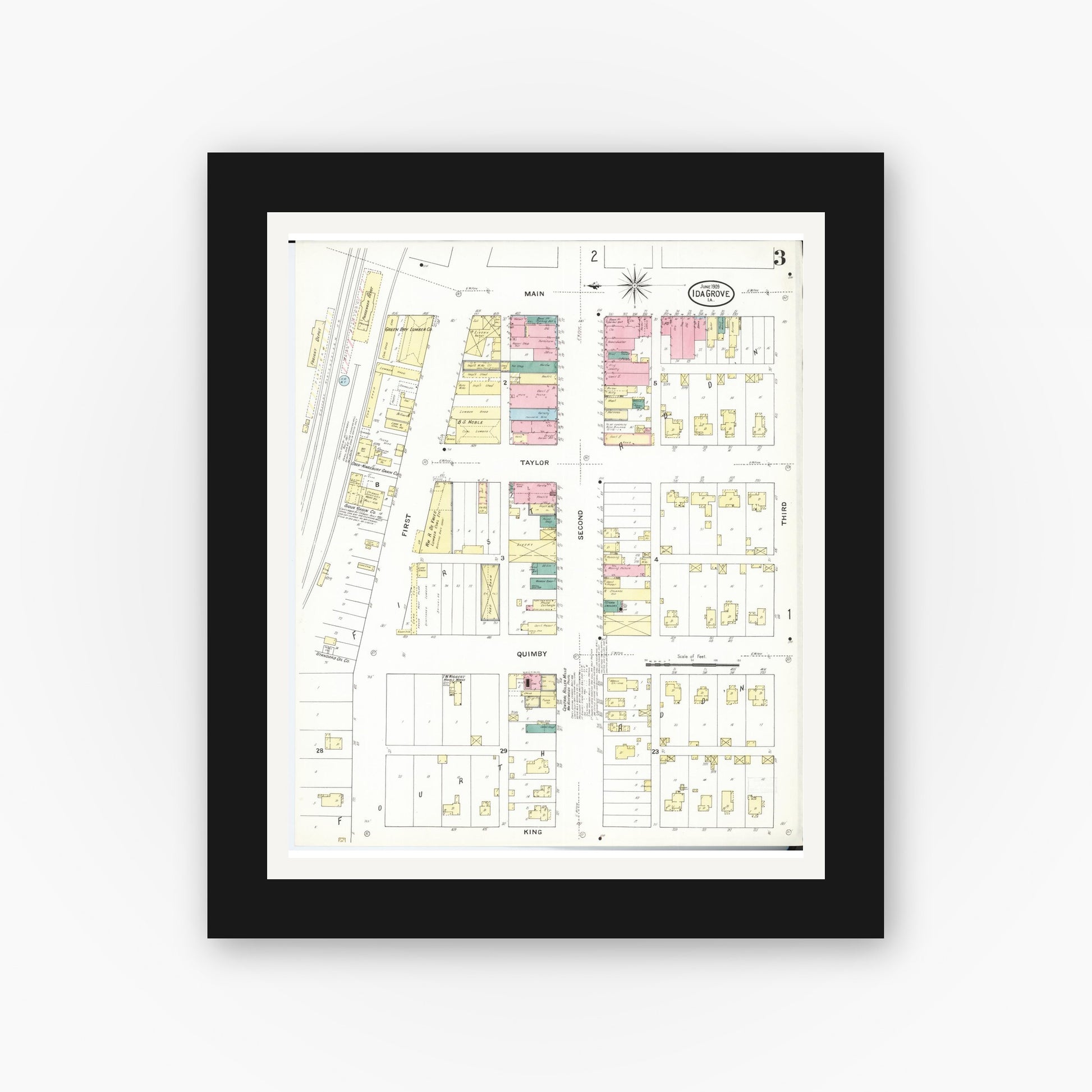 Old map wall art mockup — black gallery frame with white mat — Sanborn Fire Insurance Map from Ida Grove, Ida County, Iowa (1909), Sheet #0003