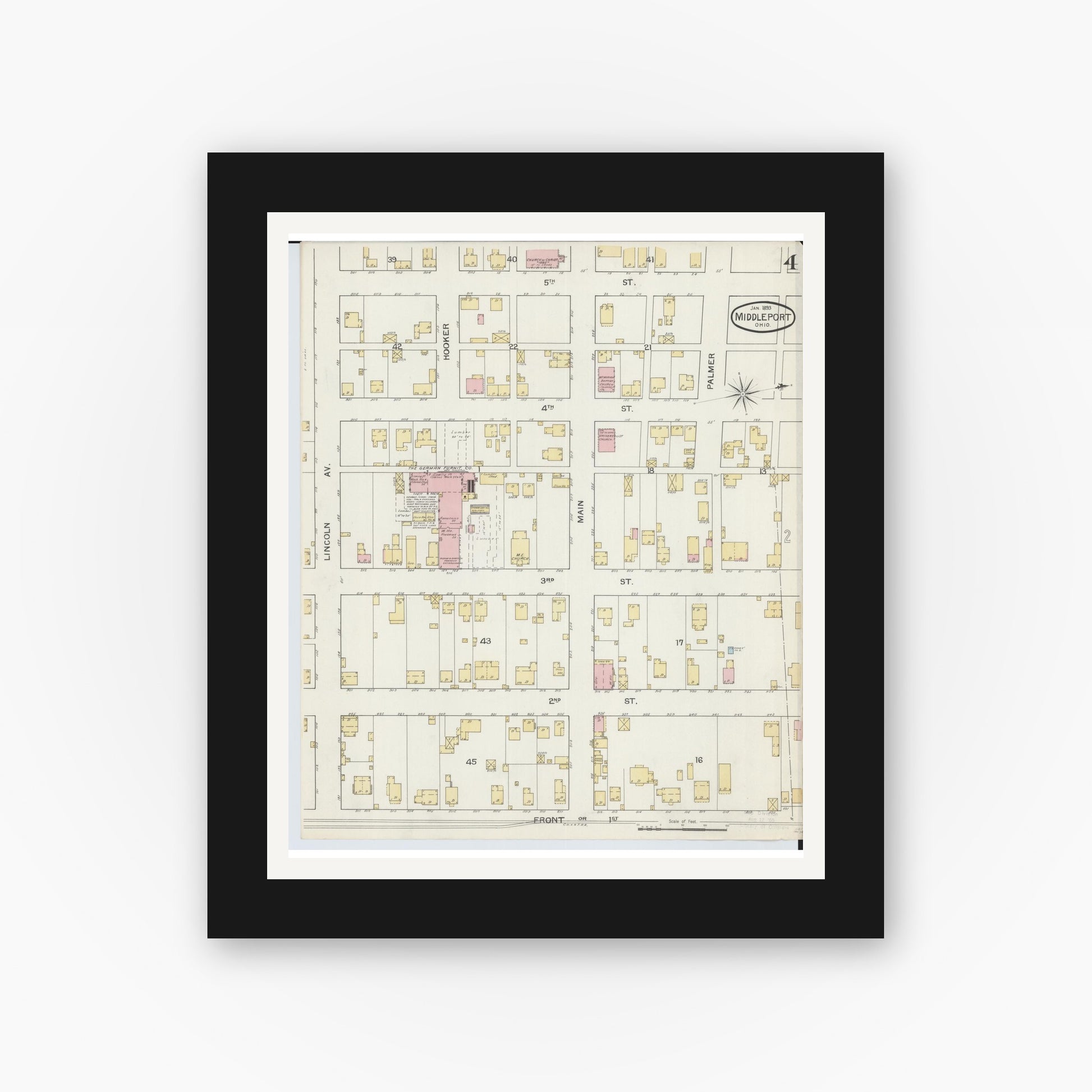 Old map wall art mockup — black gallery frame with white mat — Sanborn Fire Insurance Map from Middleport, Meigs County, Ohio (1893), Sheet #0004