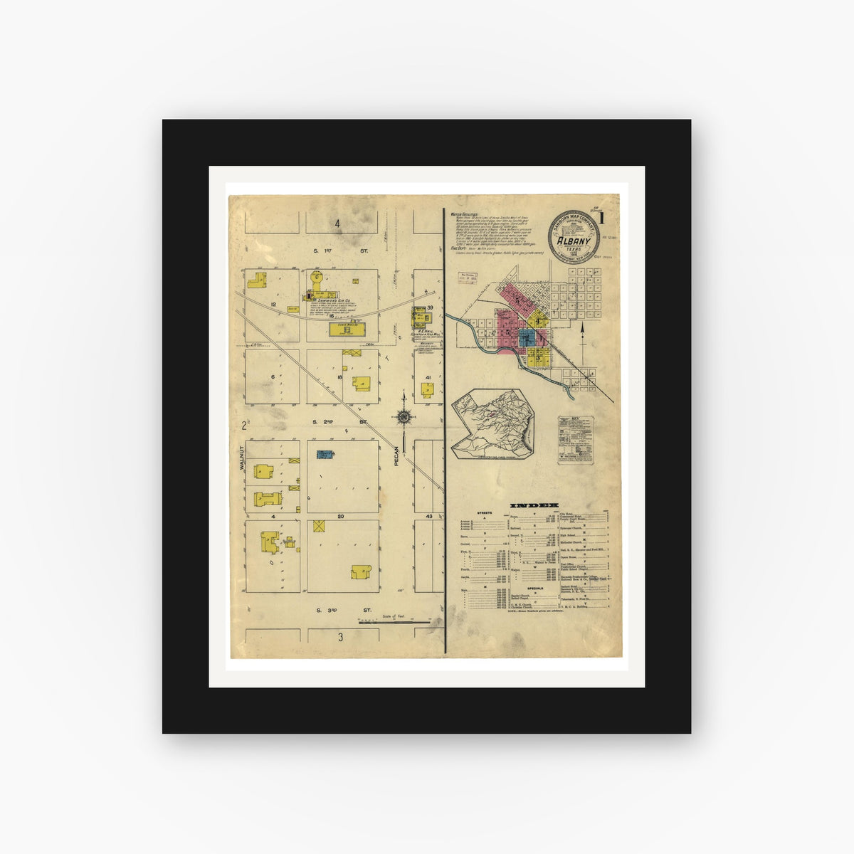 Old map wall art mockup — black gallery frame with white mat — Sanborn Fire Insurance Map from Albany, Shackelford County, Texas (1915), Sheet #0001