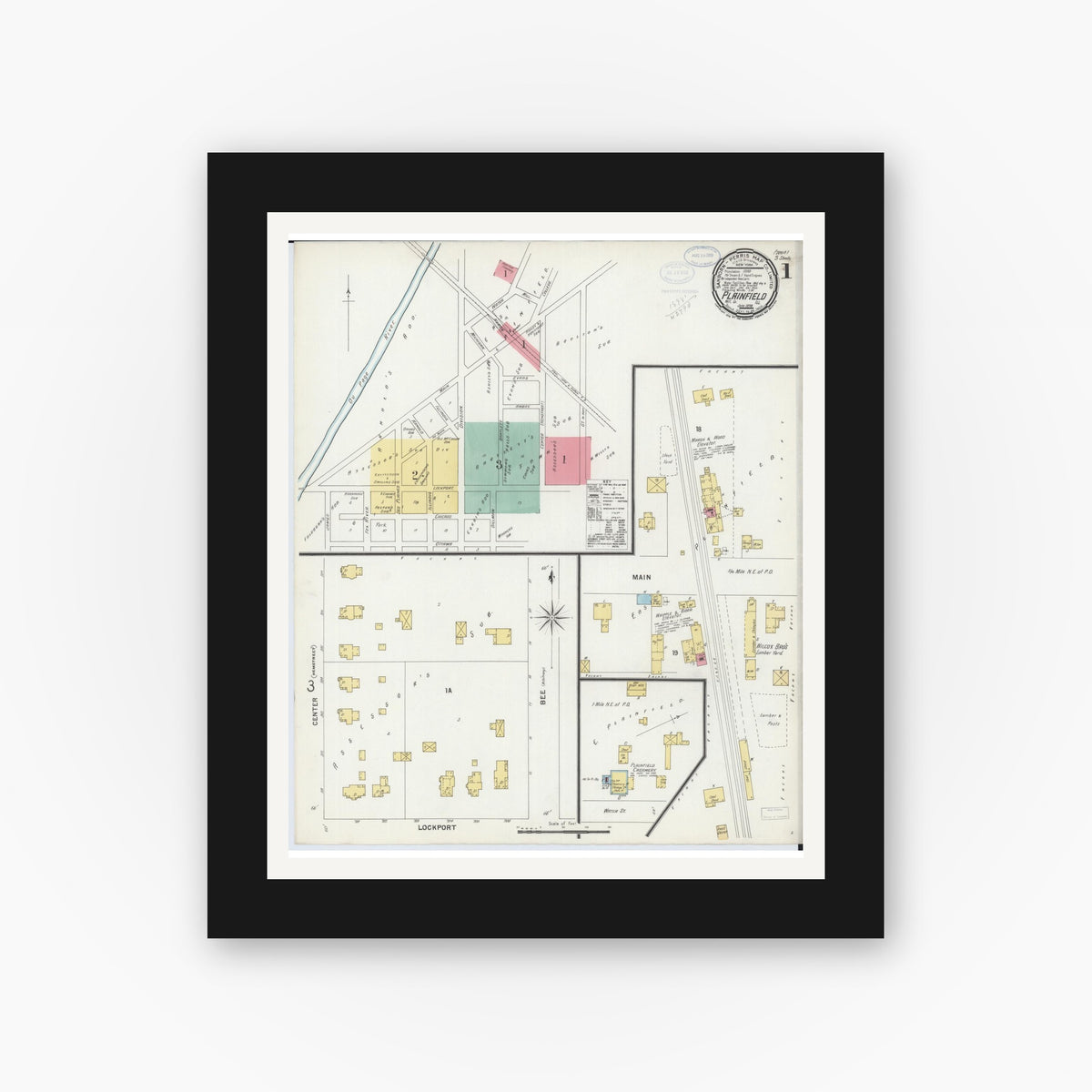 Old map wall art mockup — black gallery frame with white mat — Sanborn Fire Insurance Map from Plainfield, Will County, Illinois (1898) - Complete Map Set