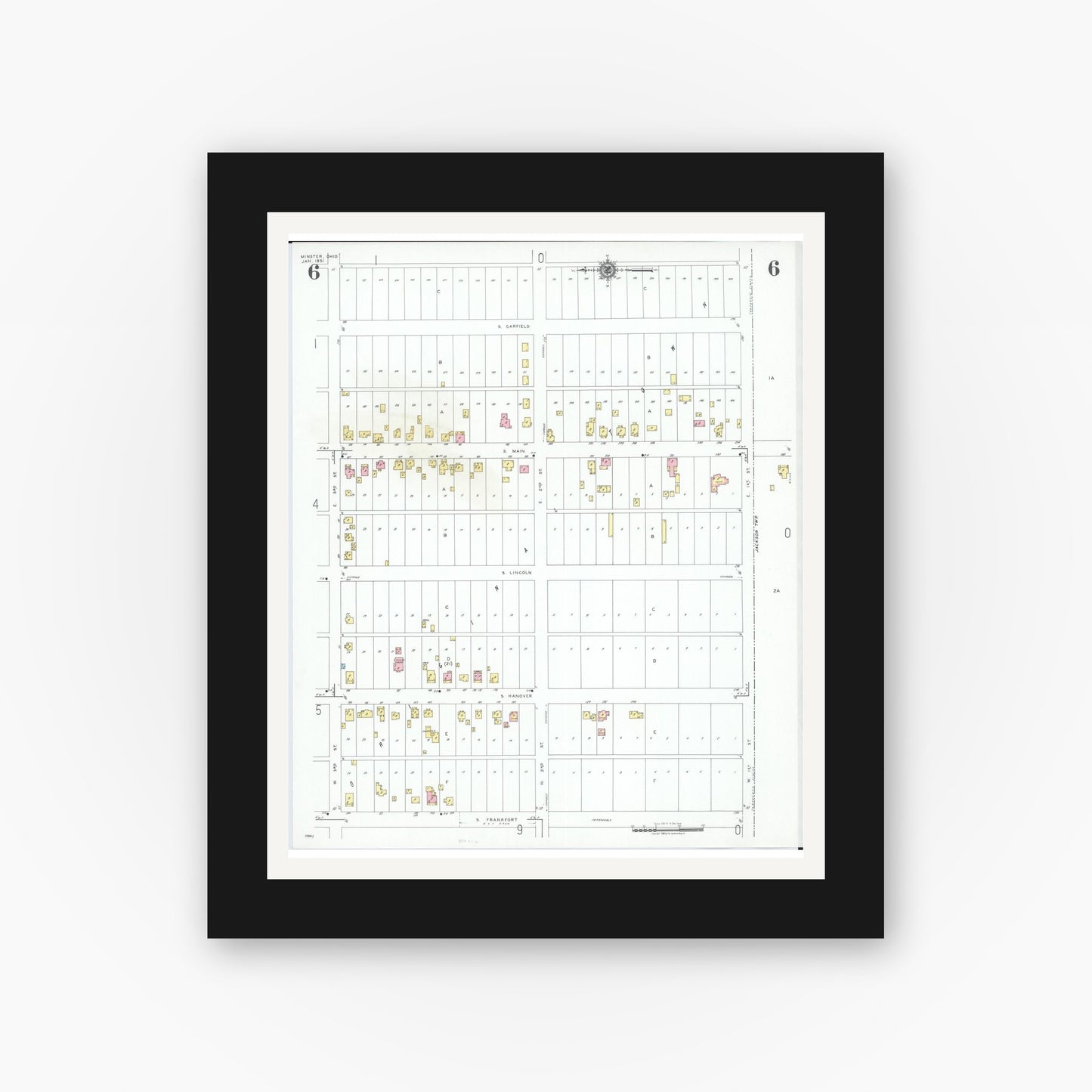 Old map wall art mockup — black gallery frame with white mat — Sanborn Fire Insurance Map from Minster, Auglaize County, Ohio (1951), Sheet #0006