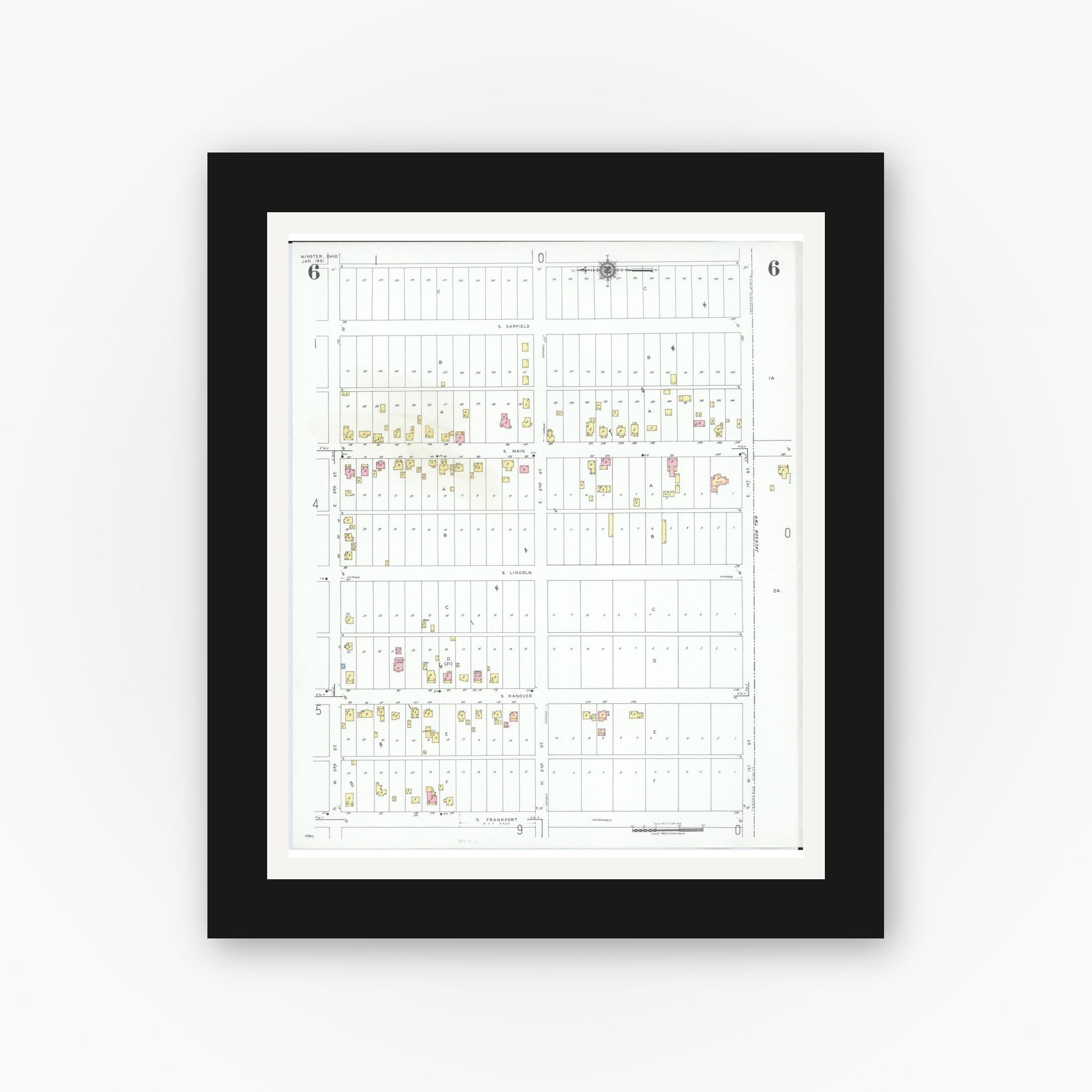 Old map wall art mockup — black gallery frame with white mat — Sanborn Fire Insurance Map from Minster, Auglaize County, Ohio (1951), Sheet #0006