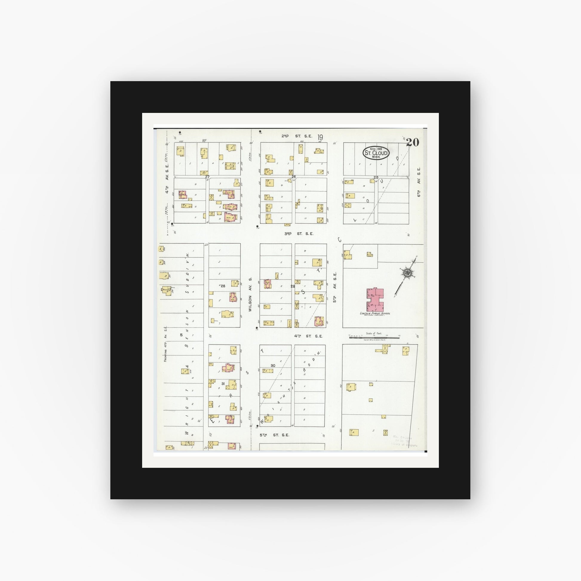 Old map wall art mockup — black gallery frame with white mat — Sanborn Fire Insurance Map from Saint Cloud, Stearns, Benton, and Sherburne Counties, Minnesota (1919), Sheet #0020
