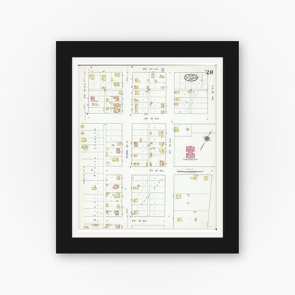 Old map wall art mockup — black gallery frame with white mat — Sanborn Fire Insurance Map from Saint Cloud, Stearns, Benton, and Sherburne Counties, Minnesota (1919), Sheet #0020