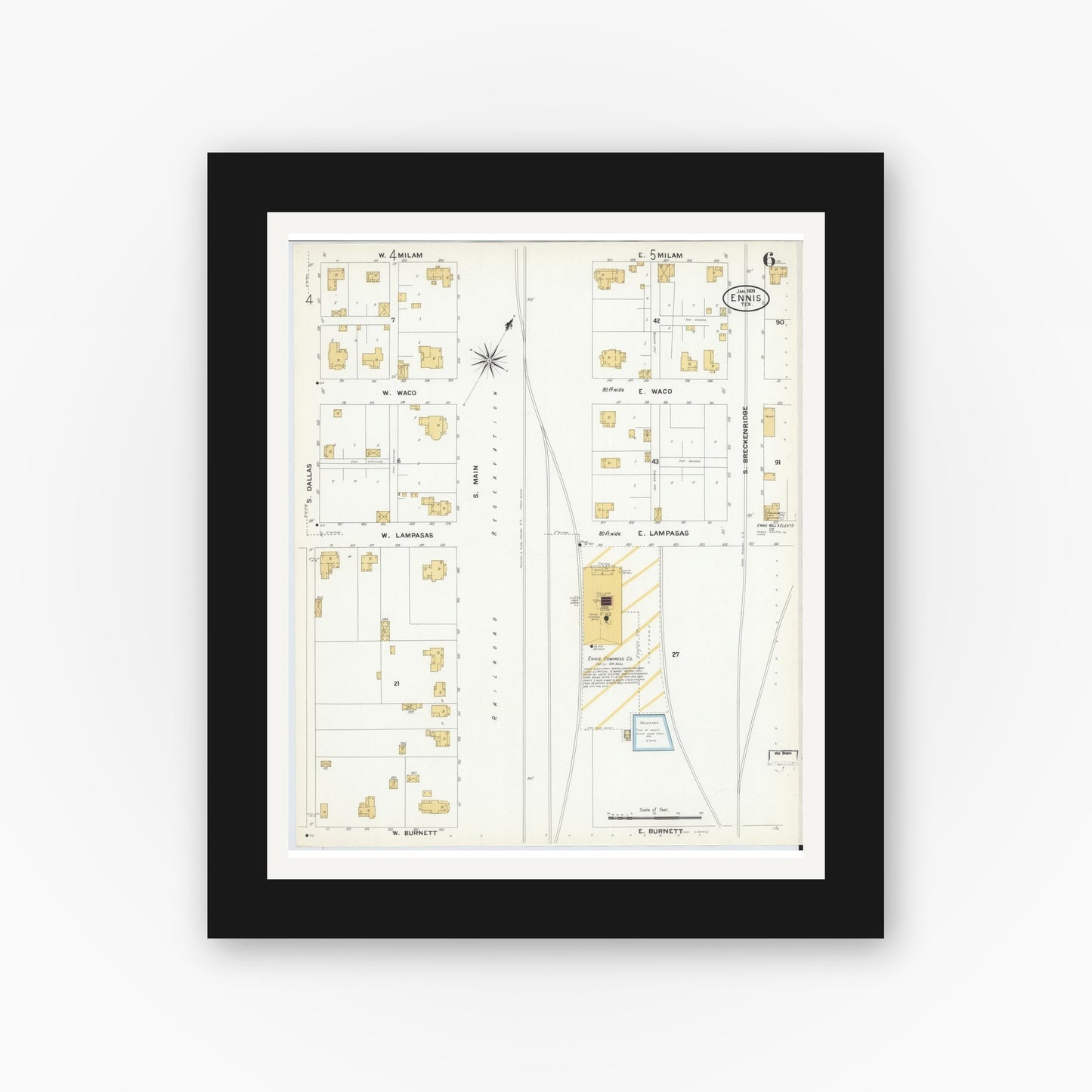 Old map wall art mockup — black gallery frame with white mat — Sanborn Fire Insurance Map from Ennis, Ellis County, Texas (1909), Sheet #0006