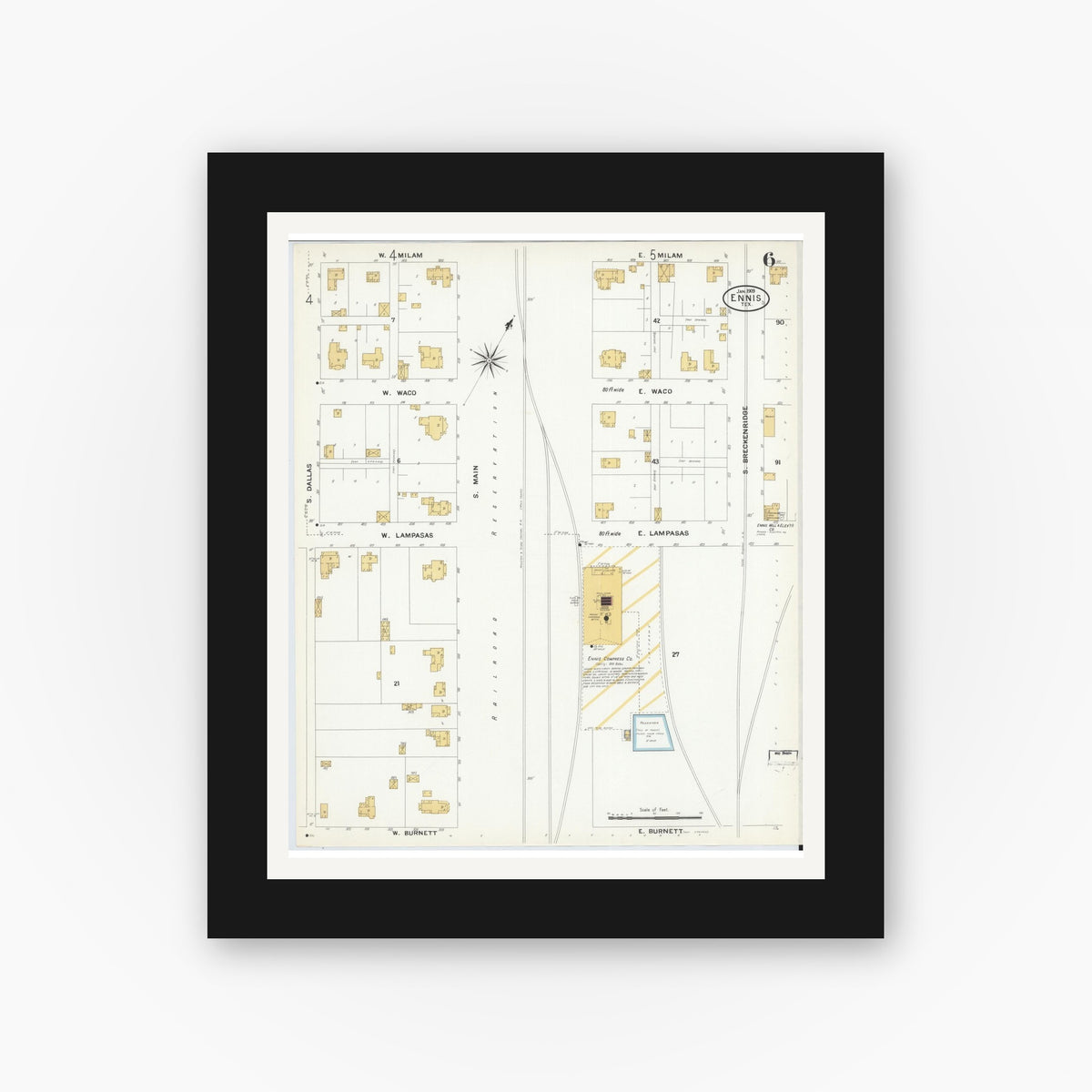 Old map wall art mockup — black gallery frame with white mat — Sanborn Fire Insurance Map from Ennis, Ellis County, Texas (1909), Sheet #0006