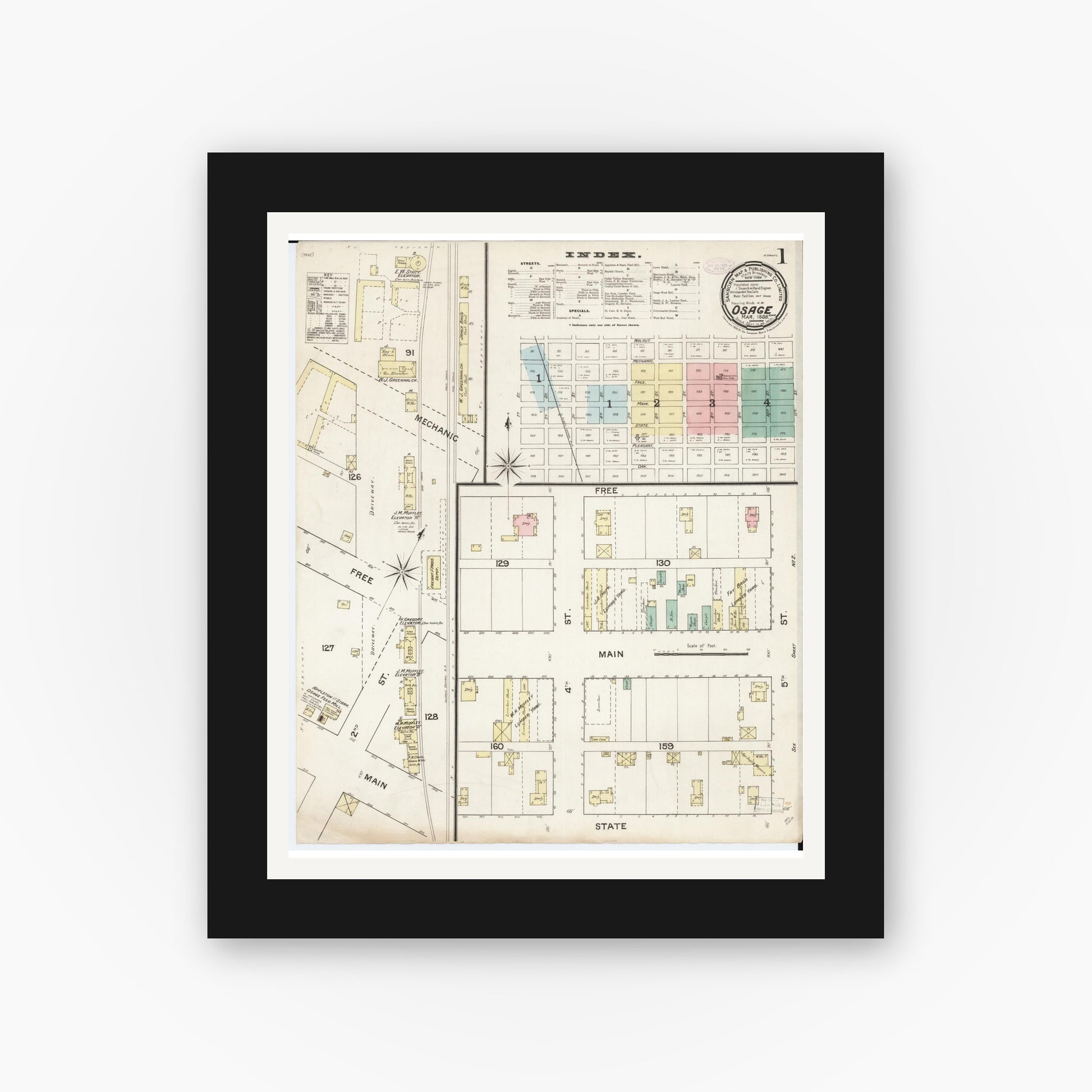 Old map wall art mockup — black gallery frame with white mat — Sanborn Fire Insurance Map from Osage, Mitchell County, Iowa (1888) â€” Complete Set