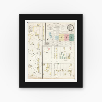 Old map wall art mockup — black gallery frame with white mat — Sanborn Fire Insurance Map from Osage, Mitchell County, Iowa (1888) â€” Complete Set