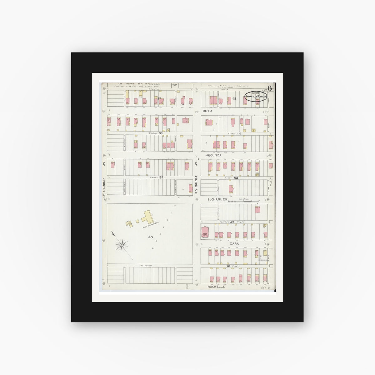 Old map wall art mockup — black gallery frame with white mat — Sanborn Fire Insurance Map from Knoxville Borough, Allegheny County, Pennsylvania (1893), Sheet #0006