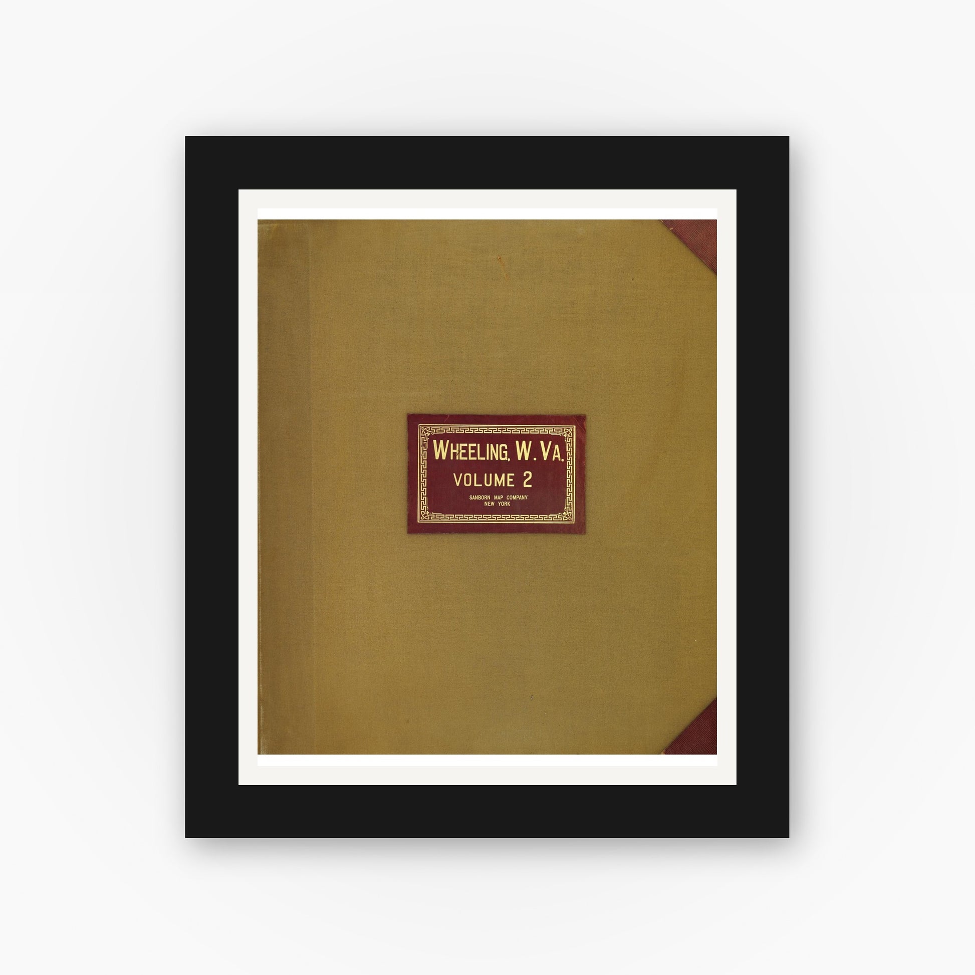 Old map wall art mockup — black gallery frame with white mat — Sanborn Fire Insurance Map from Wheeling, Ohio County, West Virginia (1951), Sheet #0001