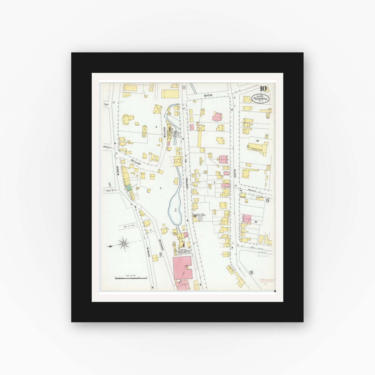 Old map wall art mockup — black gallery frame with white mat — Sanborn Fire Insurance Map from Peekskill, Westchester County, New York (1900), Sheet #0010