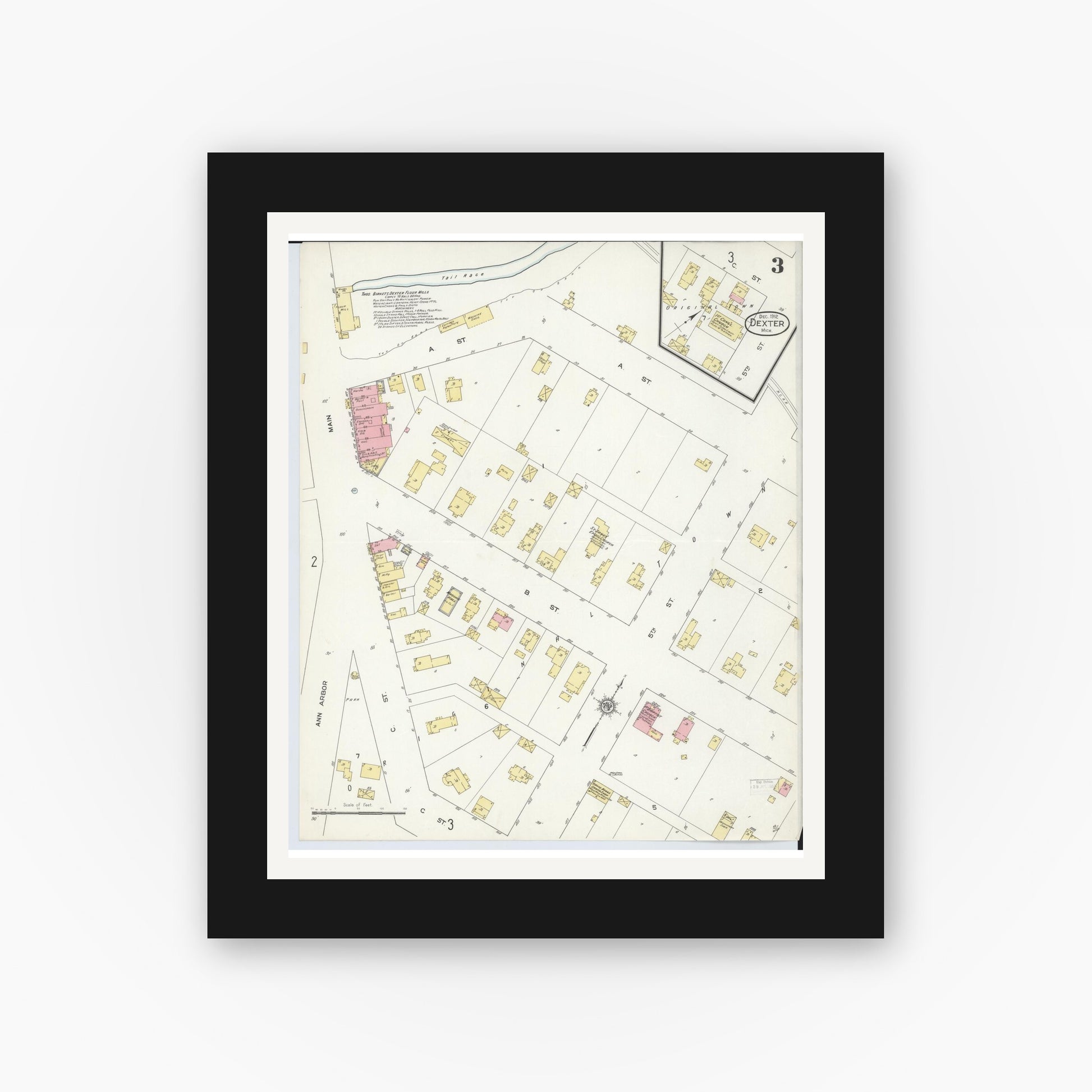 Old map wall art mockup — black gallery frame with white mat — Sanborn Fire Insurance Map from Dexter, Washtenaw County, Michigan (1912), Sheet #0003